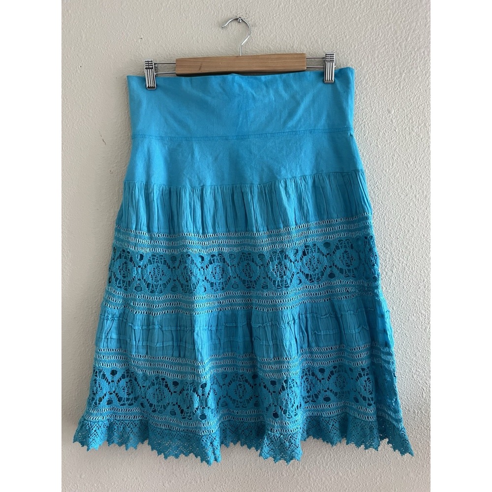 Vintage Now & Then Boho Tiered Midi Skirt L Turquoise Blue Crochet Lace Beach